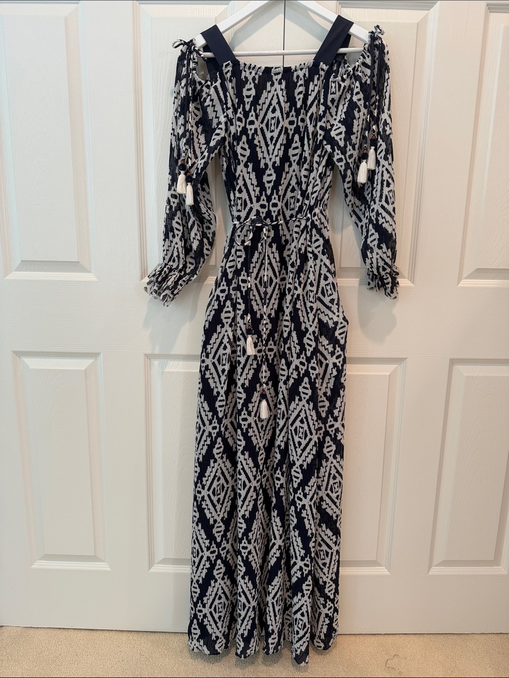 Tory Burch Navy & White Geometric Off-Shoulder Maxi Dress